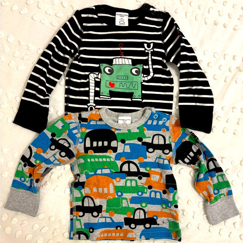 2 Polarn O. Pyret long sleeved tees, 9-12 months
